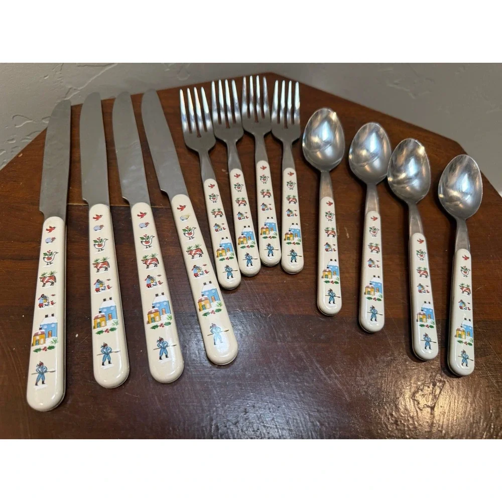 Vintage International Silver Heartland 12 Pc Flatware Set Japan Folk Art Farm